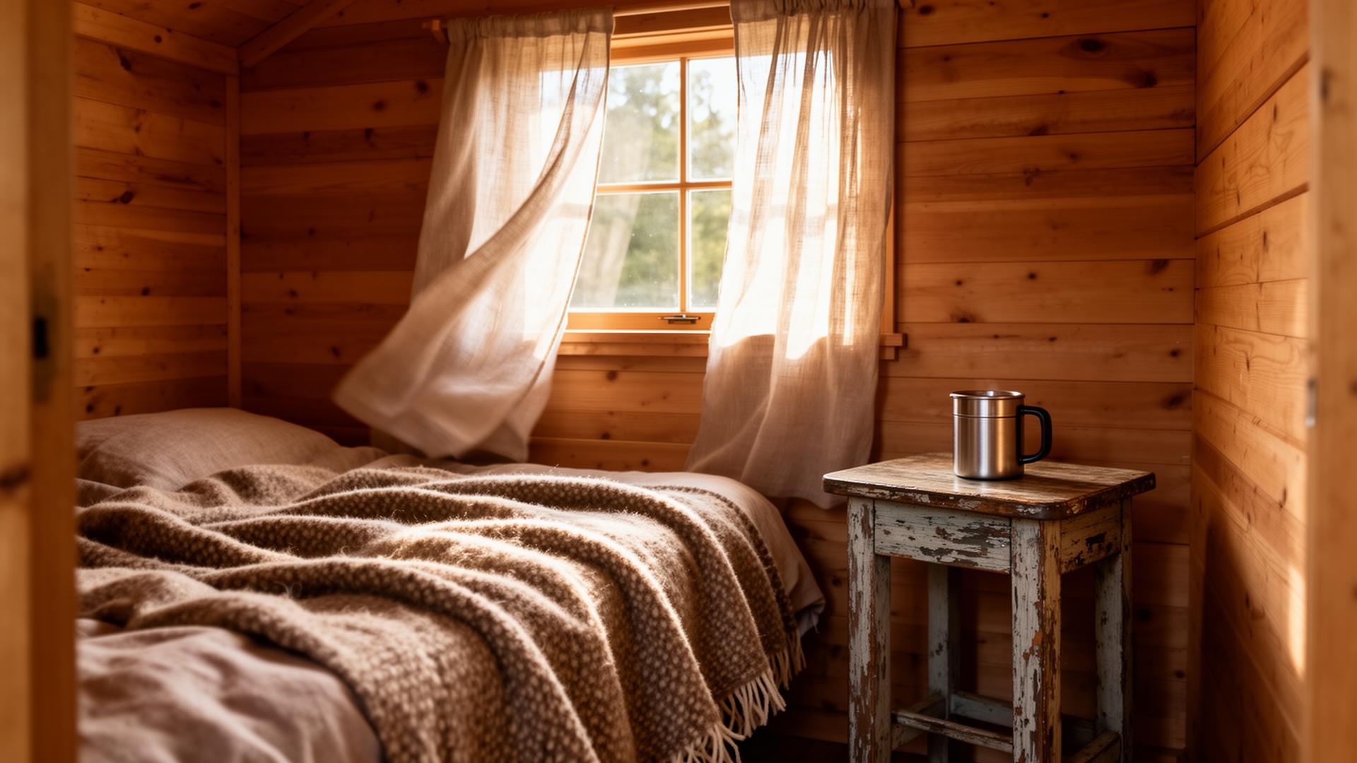Inside the cabin: warm wood walls, linen curtains, morning light