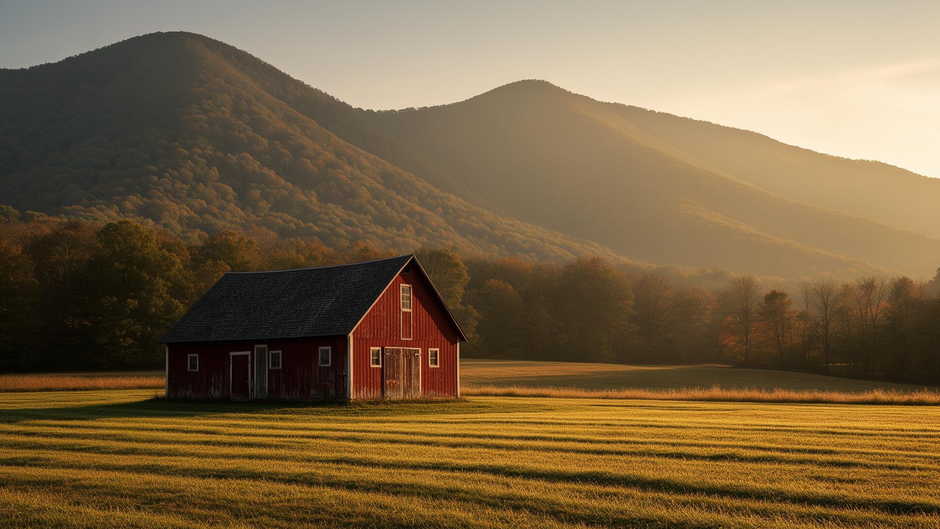 A red barn at the base of Bear Mountain at golden hour