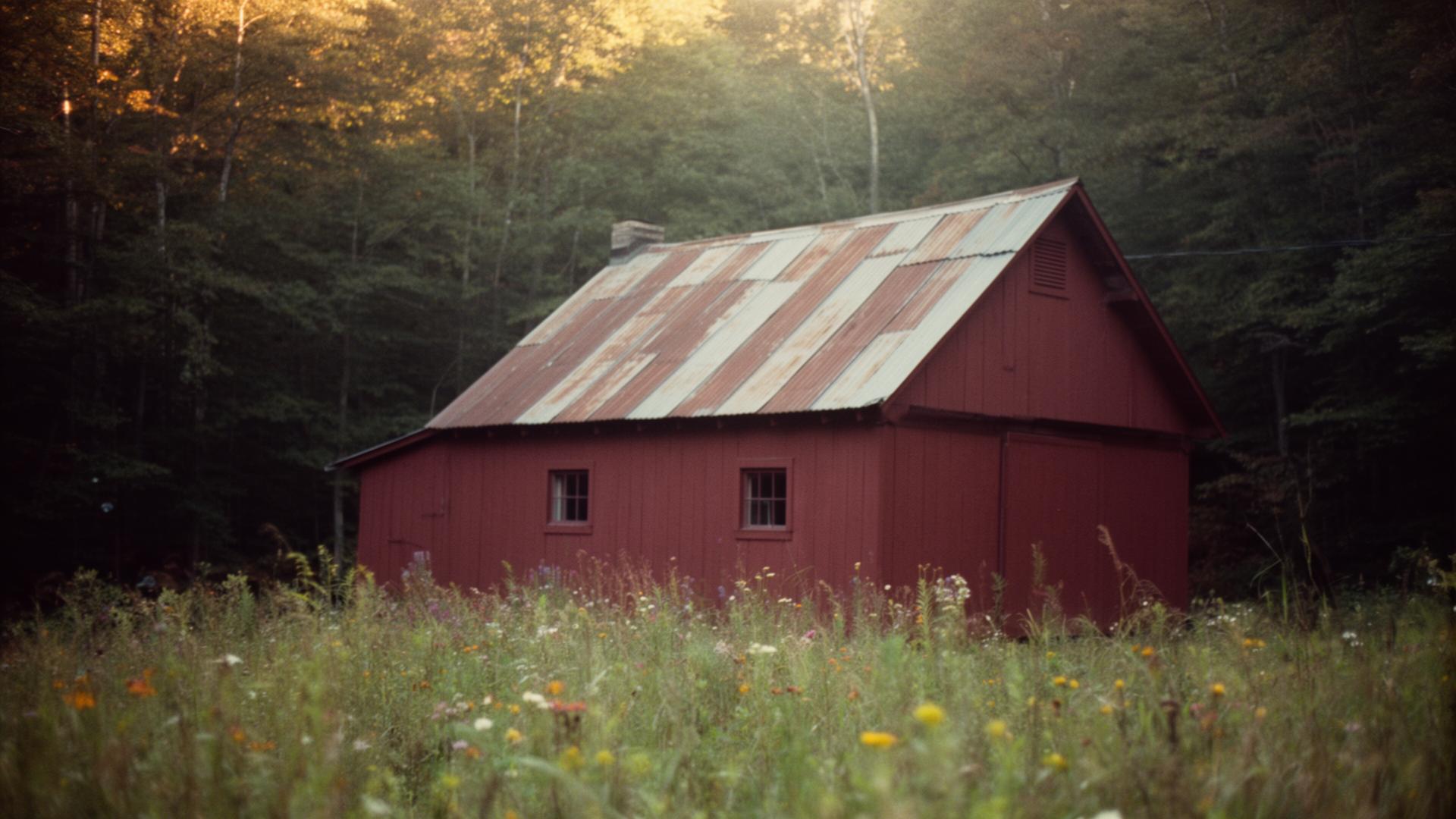 The Creekside Cabin, a small red cabin at the edge of the woods