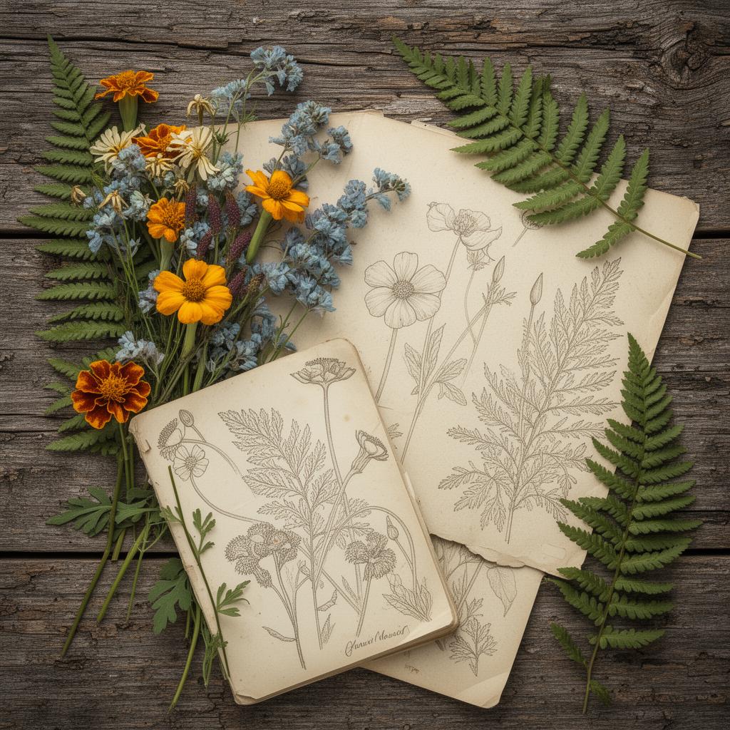 Pressed wildflowers and field sketches